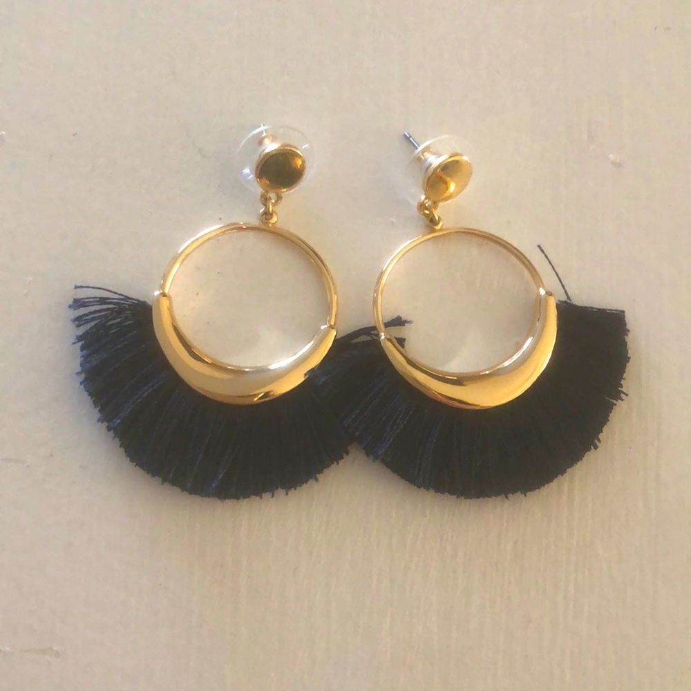 Gold earrings with navy fringe